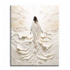 A paint by numbers canvas of Jesus in white robes walking across the sea toward radiant light, rendered in a textured, near-monochrome cream style.