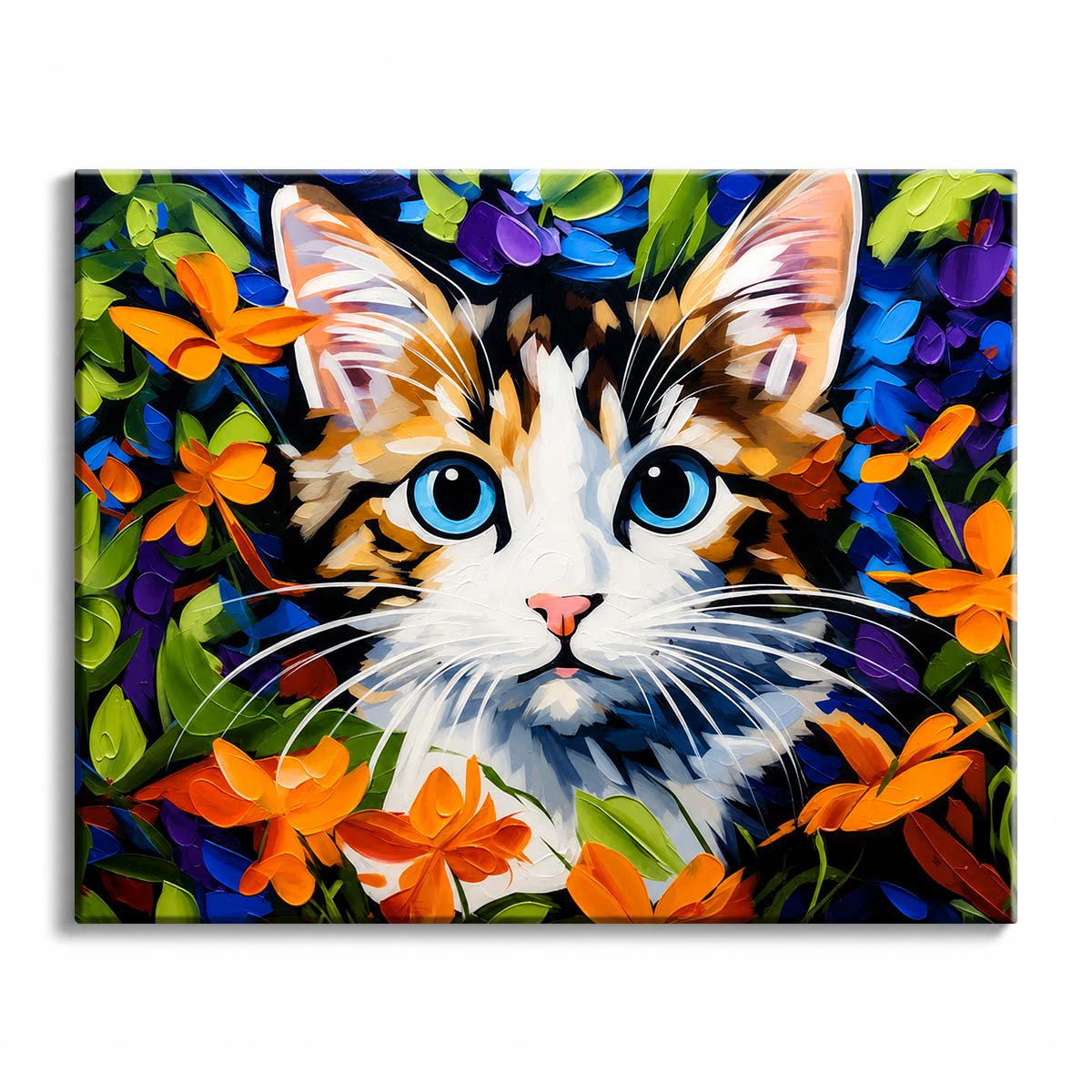 A ginger and white kitten with wide blue eyes looks out from a bed of orange, blue and purple flowers painted in thick strokes.