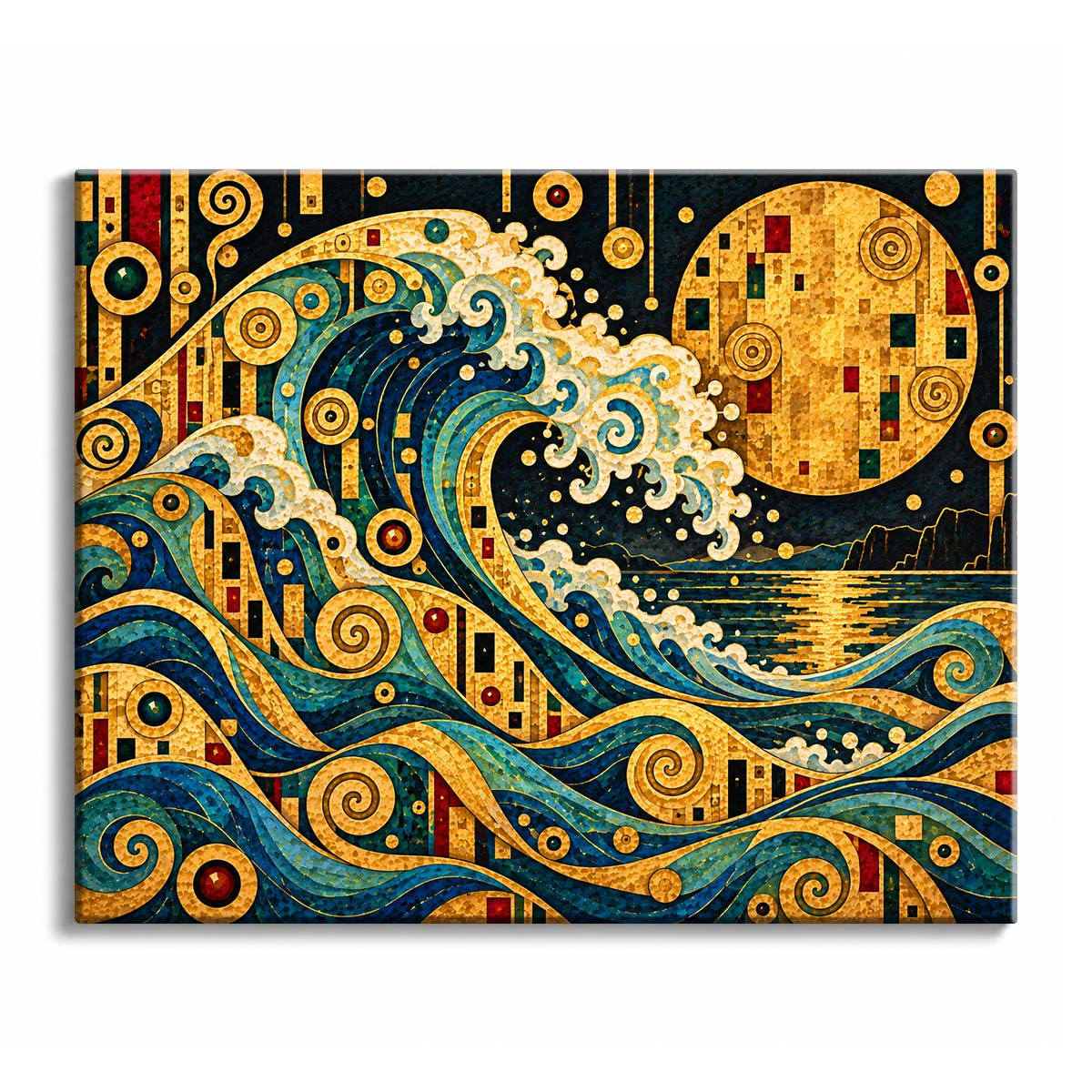 An ocean wave paint by numbers design showing a mosaic crest in teal and cream beneath a gold moon, with Klimt-style spirals and a golden path across the water.