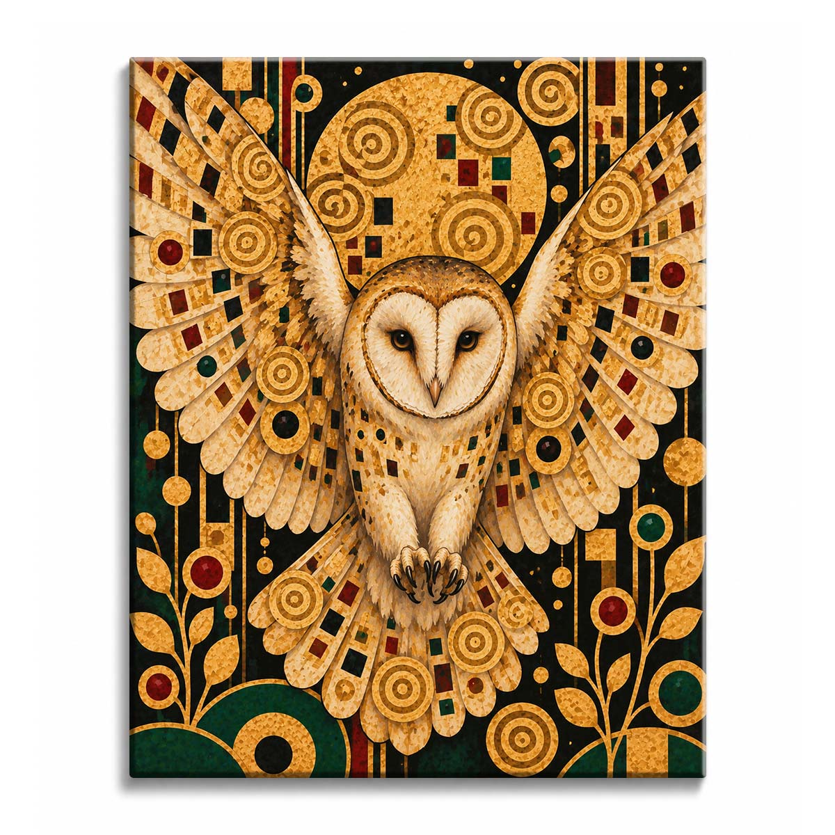 Wings spread wide, a barn owl descends before a golden moon filled with spirals and mosaic squares, in a paint by numbers design.