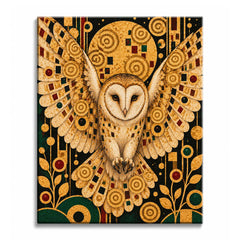 Wings spread wide, a barn owl descends before a golden moon filled with spirals and mosaic squares, in a paint by numbers design.