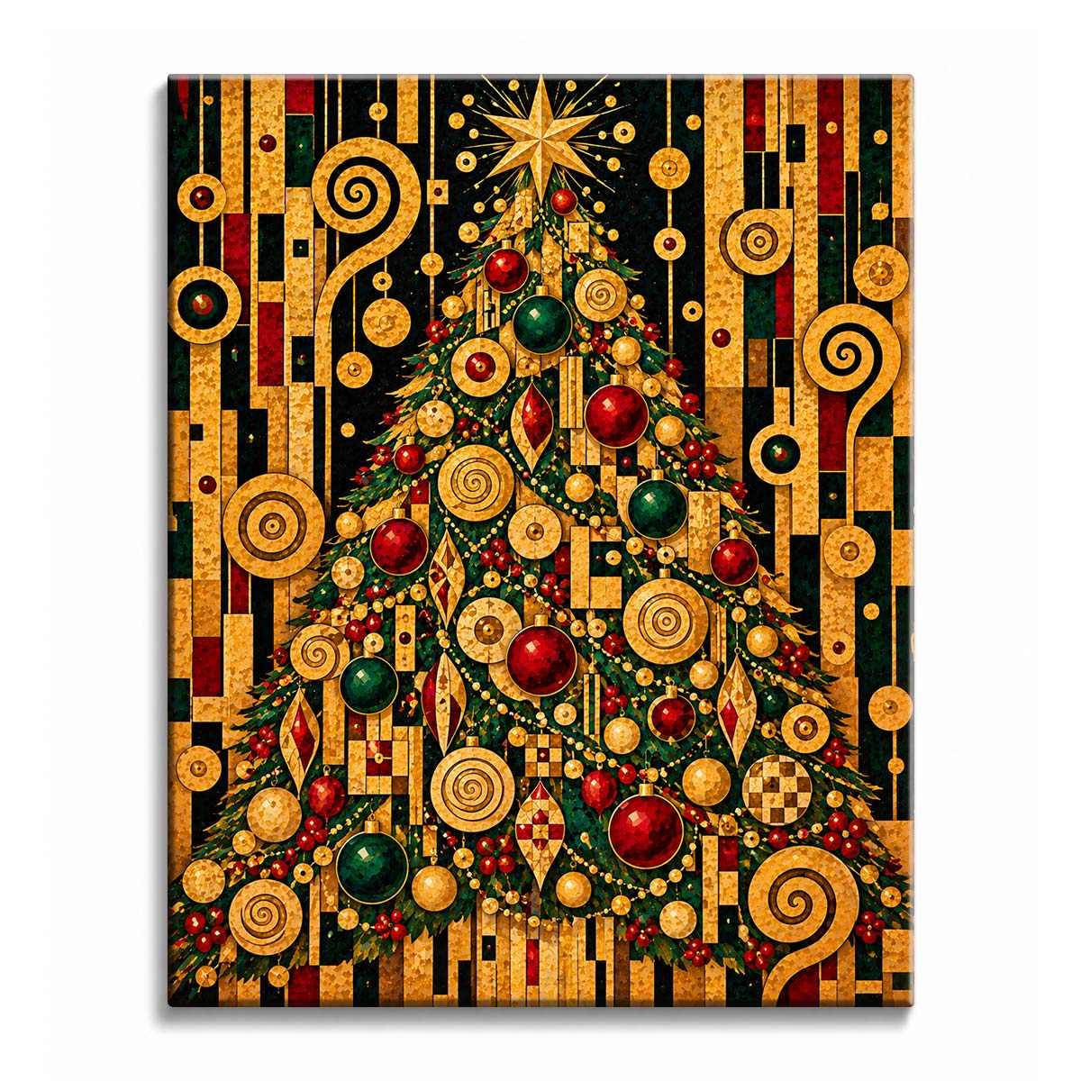A Klimt style Christmas tree paint by numbers design featuring red and green ornaments, gold spirals, mosaic panels, and a geometric black-and-gold border.