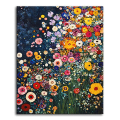 A dense mass of colorful wildflowers glowing against a dark background in the style of Gustav Klimt, shown as a paint by numbers canvas.