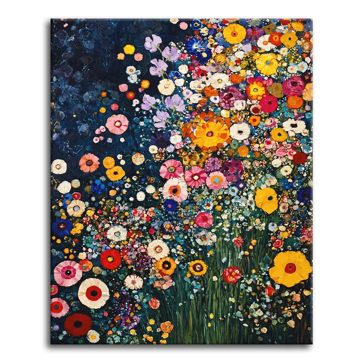 A dense mass of colorful wildflowers glowing against a dark background in the style of Gustav Klimt, shown as a paint by numbers canvas.