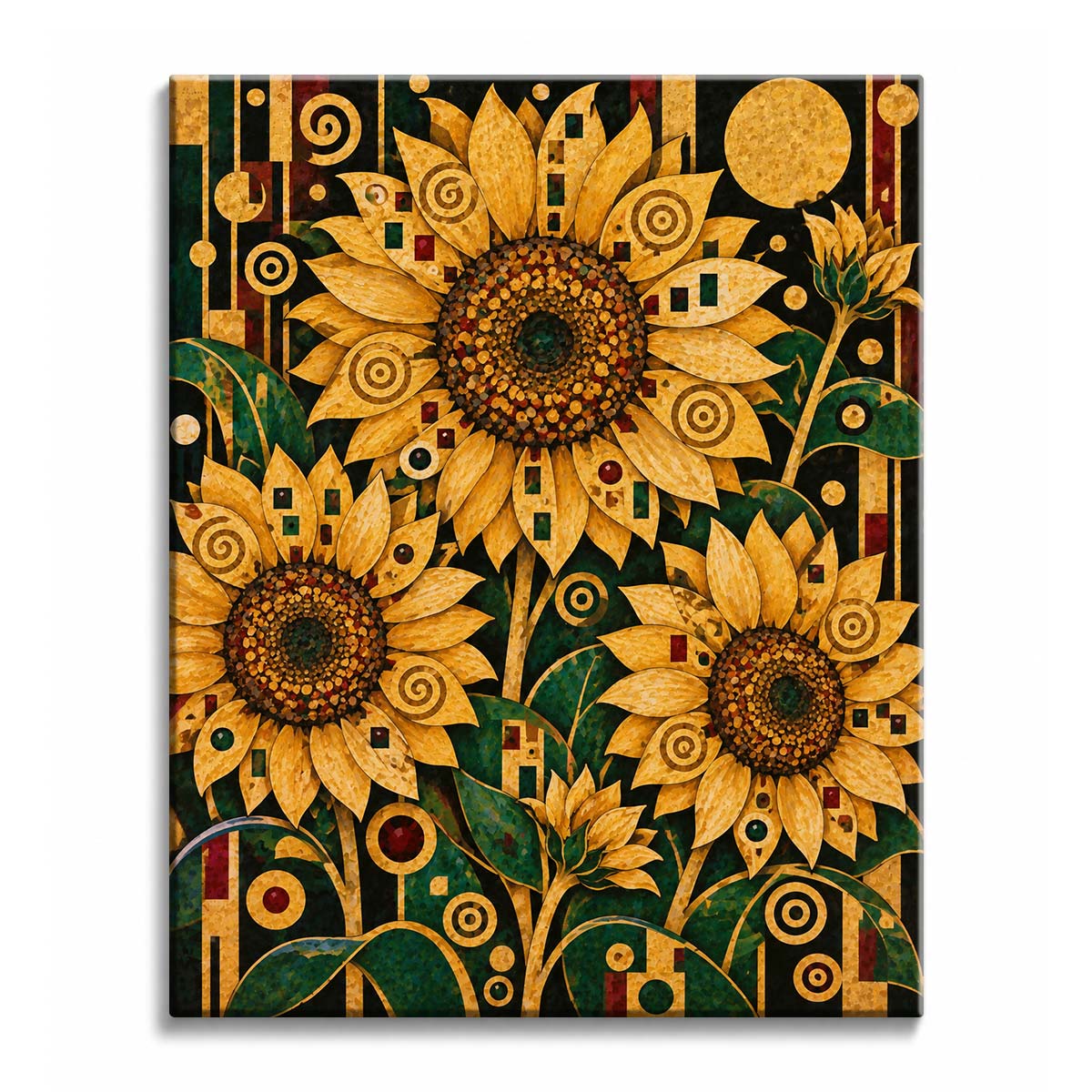 On a black and green mosaic ground, golden sunflowers with dotted amber centers bloom among Klimt-style spirals, in a paint by numbers design.