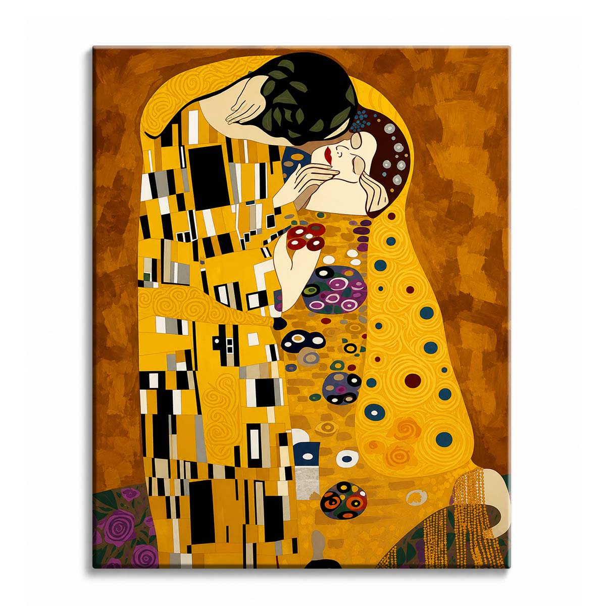 Gustav Klimt's The Kiss, two figures embracing in a gold patterned cloak, shown as a paint by numbers canvas.