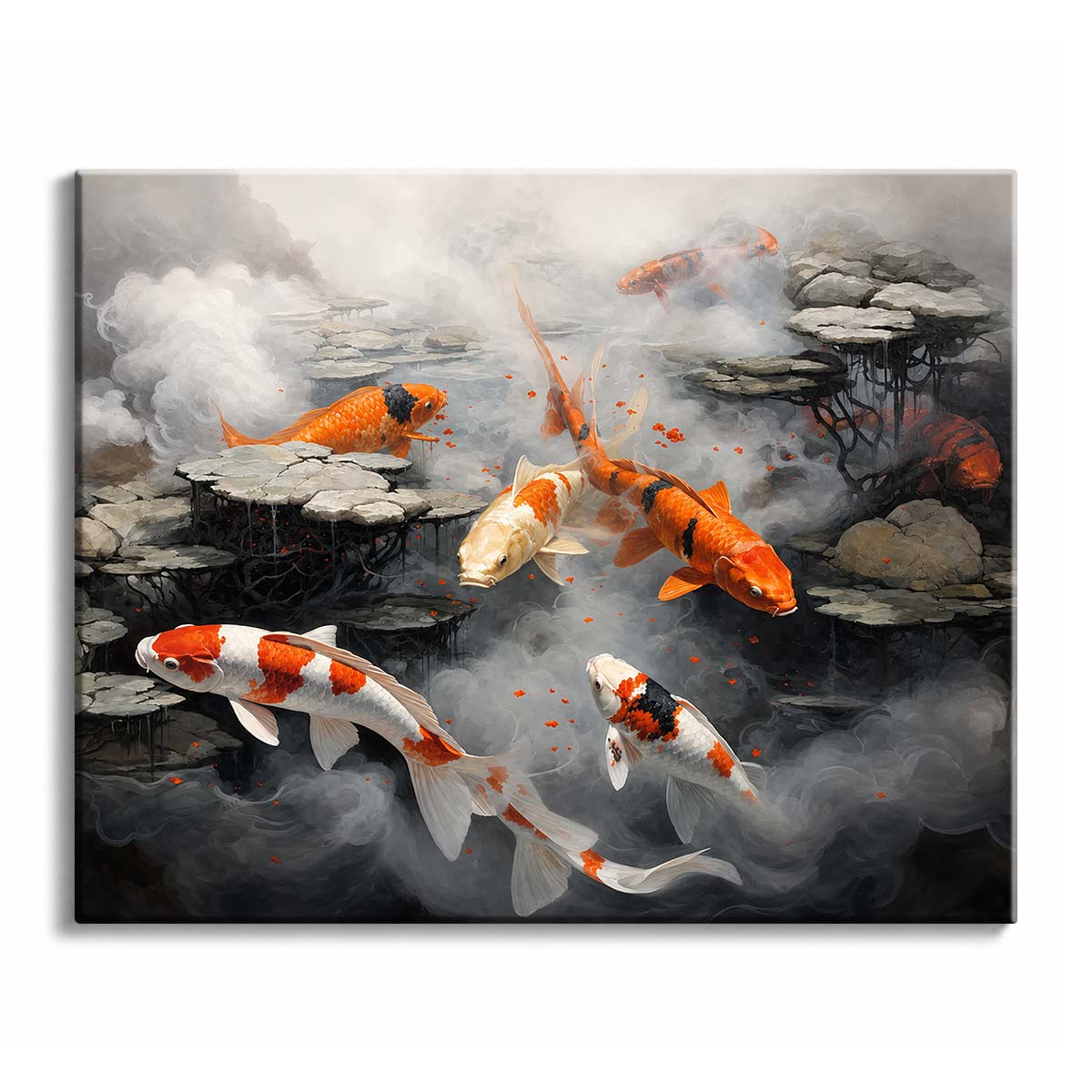 Through a misty rock pond, orange, white, and black koi swim between dark stone shelves in a detailed paint by numbers design.
