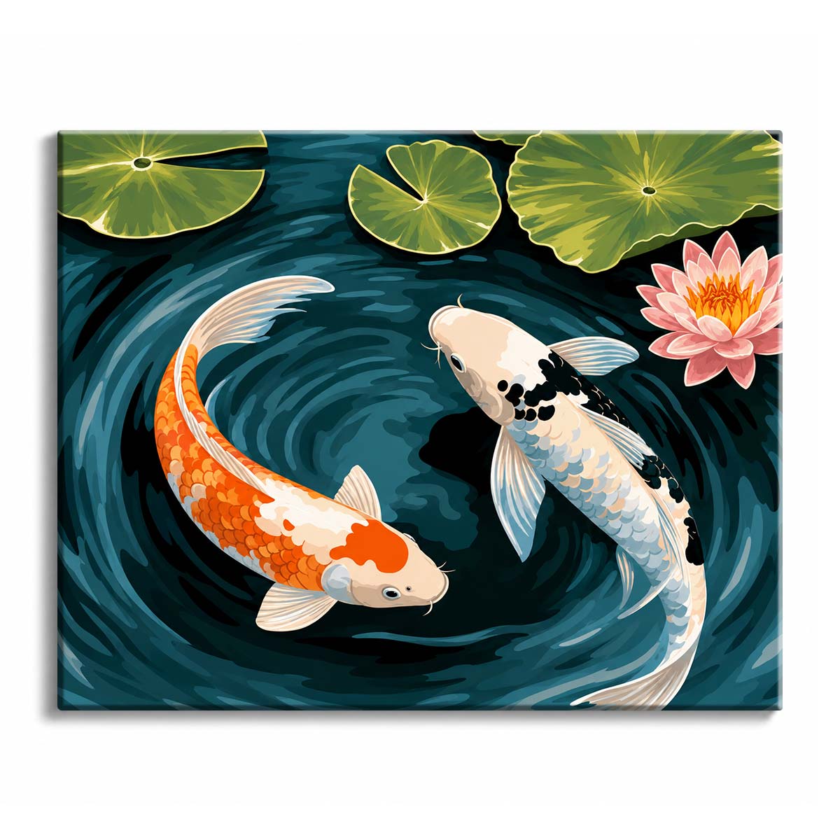 A koi paint by numbers design showing two orange, white, and black fish circling beneath green lily pads beside a pink water lily.