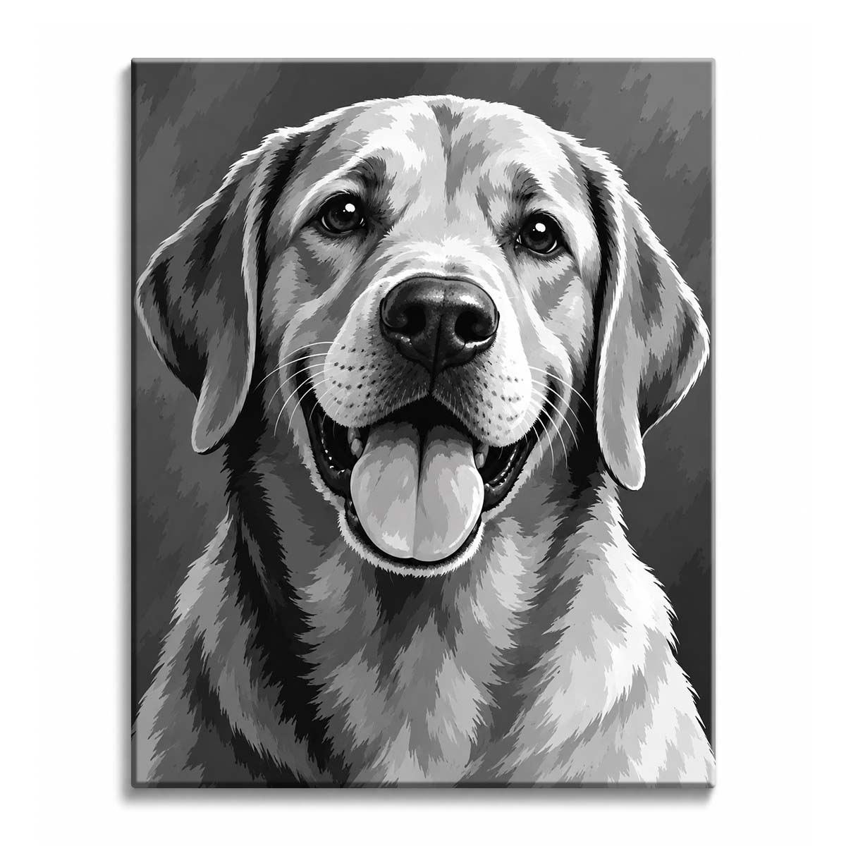Soft light catches the fur of a smiling Labrador with floppy ears and an open mouth, in a black and white paint by numbers design.