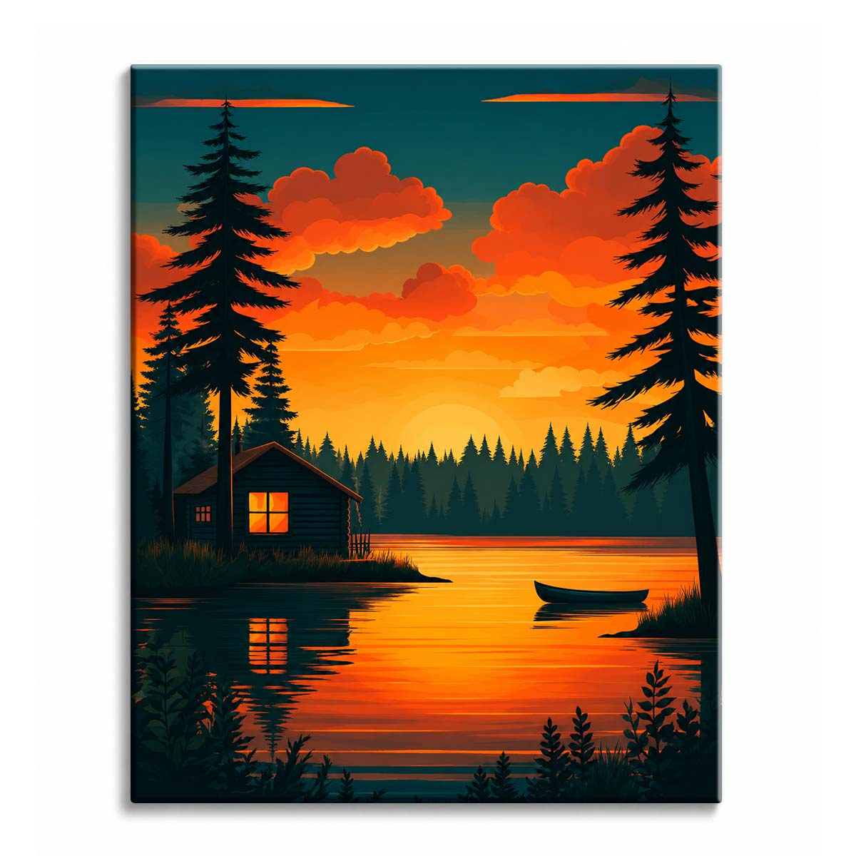 A lit cabin window and a canoe on a lake under an orange sunset framed by dark pines, in a paint by numbers design.