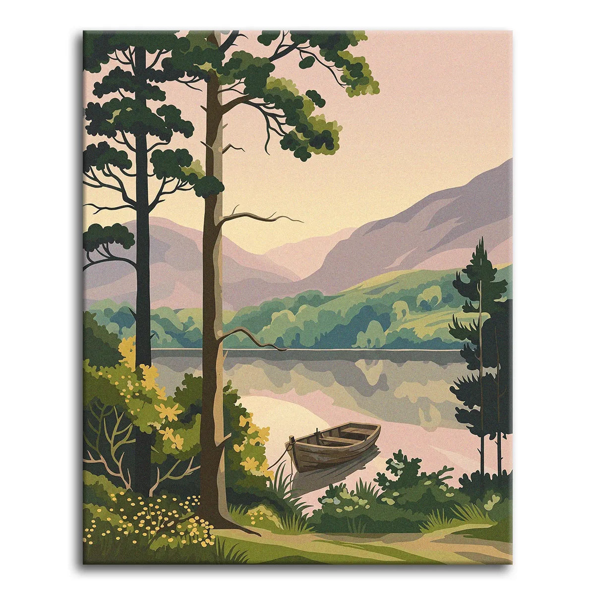 A flat, graphic paint by numbers landscape of a wooden rowboat moored on a still mountain lake, framed by tall pine trees, layered green hills, and a soft pastel sky.