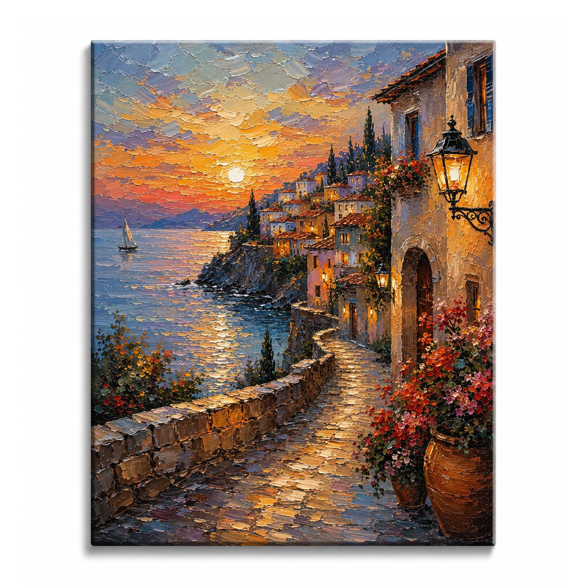 A lamplit cobbled path runs above the sea past a cliffside village under an orange sunset, in a paint by numbers design.