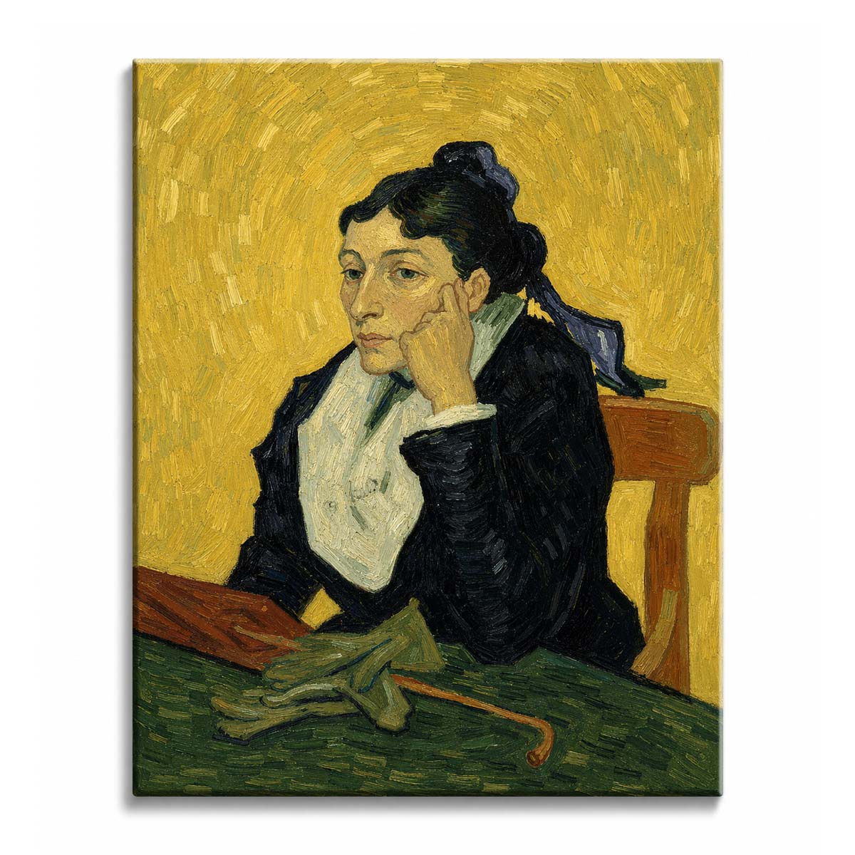 An L'Arlésienne paint by numbers design showing a woman in black resting her chin on her hand against a yellow background.