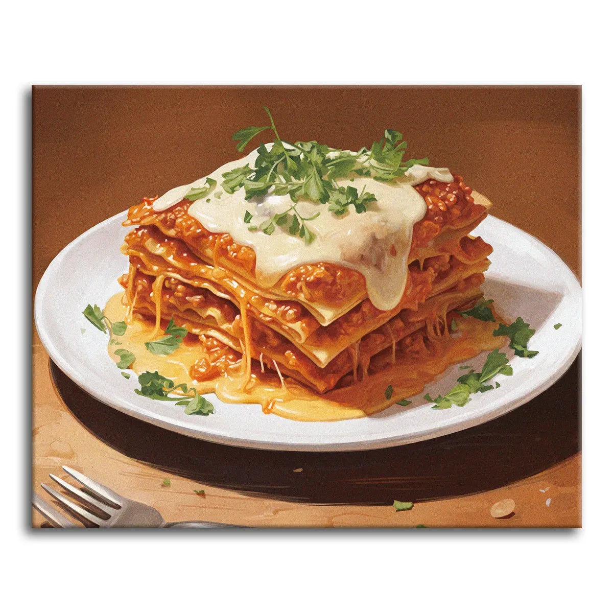 A paint by numbers canvas of a layered lasagna on a white plate topped with béchamel and parsley, with a fork resting on the wooden table.