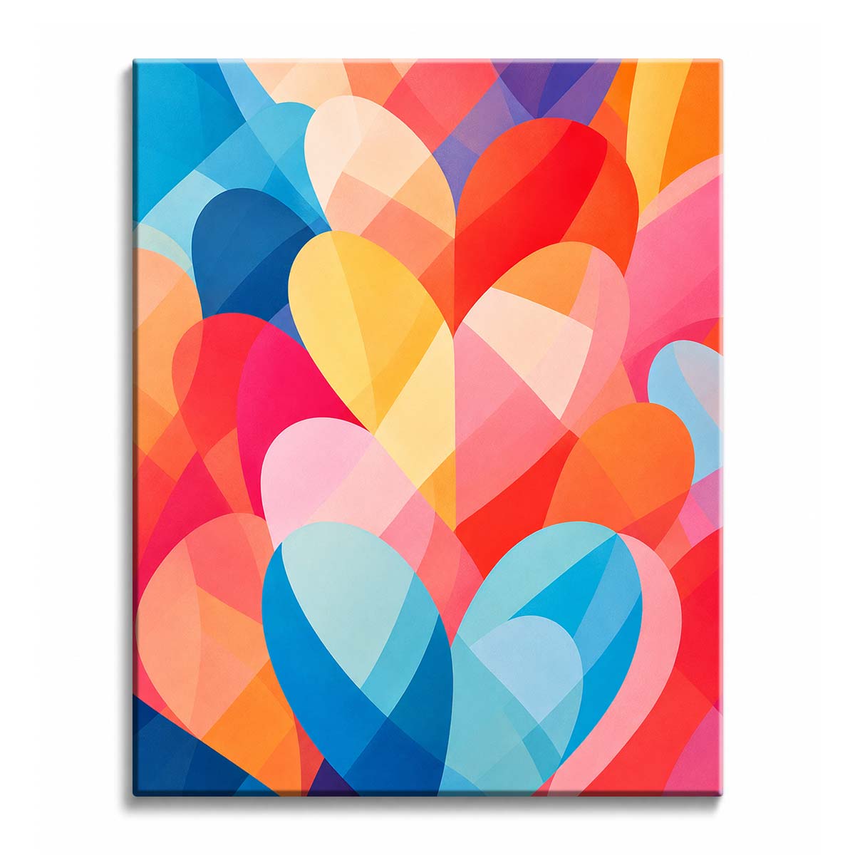 A layered hearts paint by numbers design showing overlapping heart shapes in red, pink, blue, and yellow.