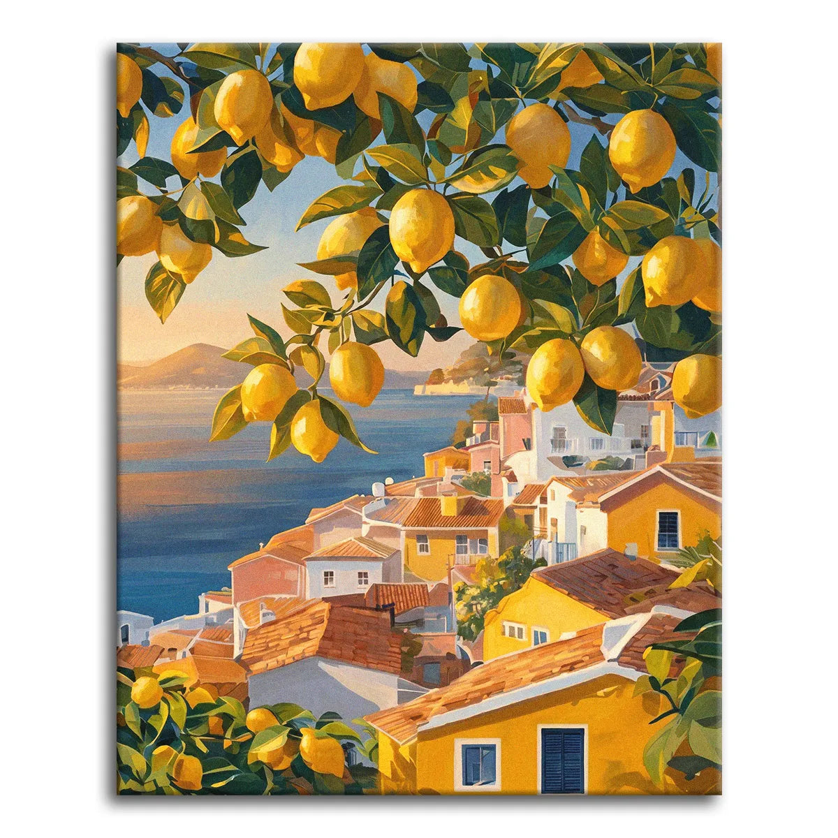 A paint by numbers canvas of ripe lemons on the branch framing a Mediterranean coast, with terracotta rooftops and a calm blue bay glowing at golden hour.