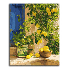 A paint by numbers scene of a lemon tree heavy with fruit against a stone wall with a weathered blue door and a bowl of lemons.