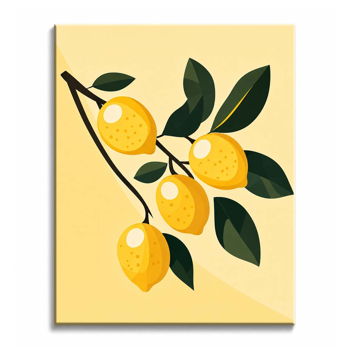 Lemons hang from a dark branch among deep green leaves on a pale yellow ground, in a paint by numbers design.
