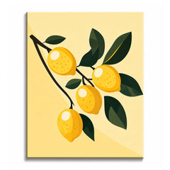 Lemons hang from a dark branch among deep green leaves on a pale yellow ground, in a paint by numbers design.