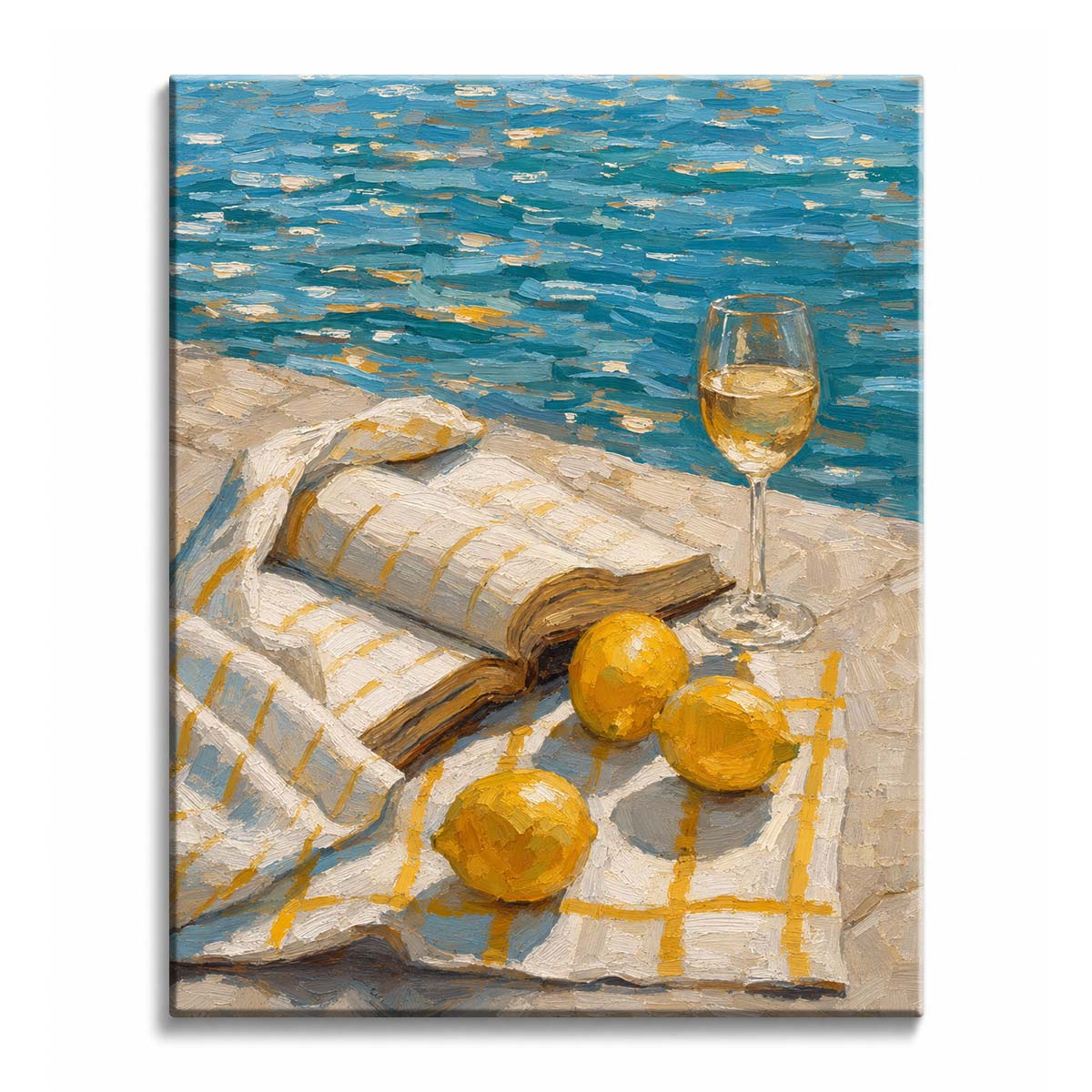 Sunlight falls on an open book, three lemons and a glass of white wine on a checked cloth beside blue water, in a paint by numbers design.