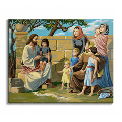 A paint by numbers canvas of Jesus seated under a tree welcoming children and mothers by a stone wall, in a warm Gospel scene.