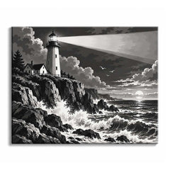 A black and white lighthouse paint by numbers design showing a white tower on a rocky cliff, its beam crossing storm clouds above waves breaking on dark rocks.
