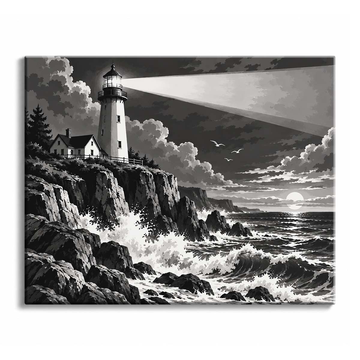 A black and white lighthouse paint by numbers design showing a white tower on a rocky cliff, its beam crossing storm clouds above waves breaking on dark rocks.