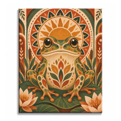 A frog paint by numbers design showing a green and ochre spotted amphibian seated on a broad lily pad before a golden sunburst, flanked by cattails and cream flowers.
