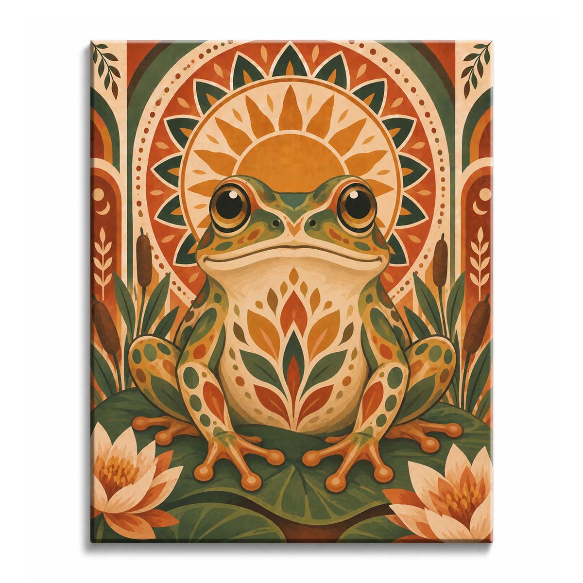 A frog paint by numbers design showing a green and ochre spotted amphibian seated on a broad lily pad before a golden sunburst, flanked by cattails and cream flowers.