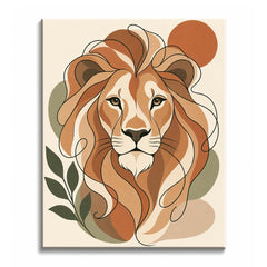 Against muted olive foliage, a lion fills the center of a lion paint by numbers design, its rust and cream mane drawn in sweeping outlined ribbons.