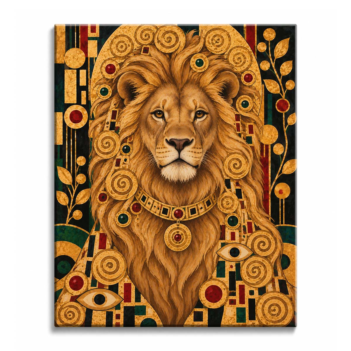 Gazing calmly from within a vast mane woven with spiral medallions, a lion in a jeweled collar sits before a golden arch, in a lion paint by numbers design.