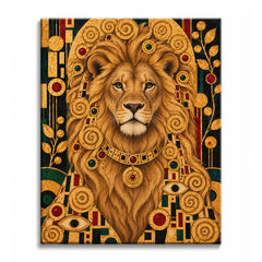 Gazing calmly from within a vast mane woven with spiral medallions, a lion in a jeweled collar sits before a golden arch, in a lion paint by numbers design.
