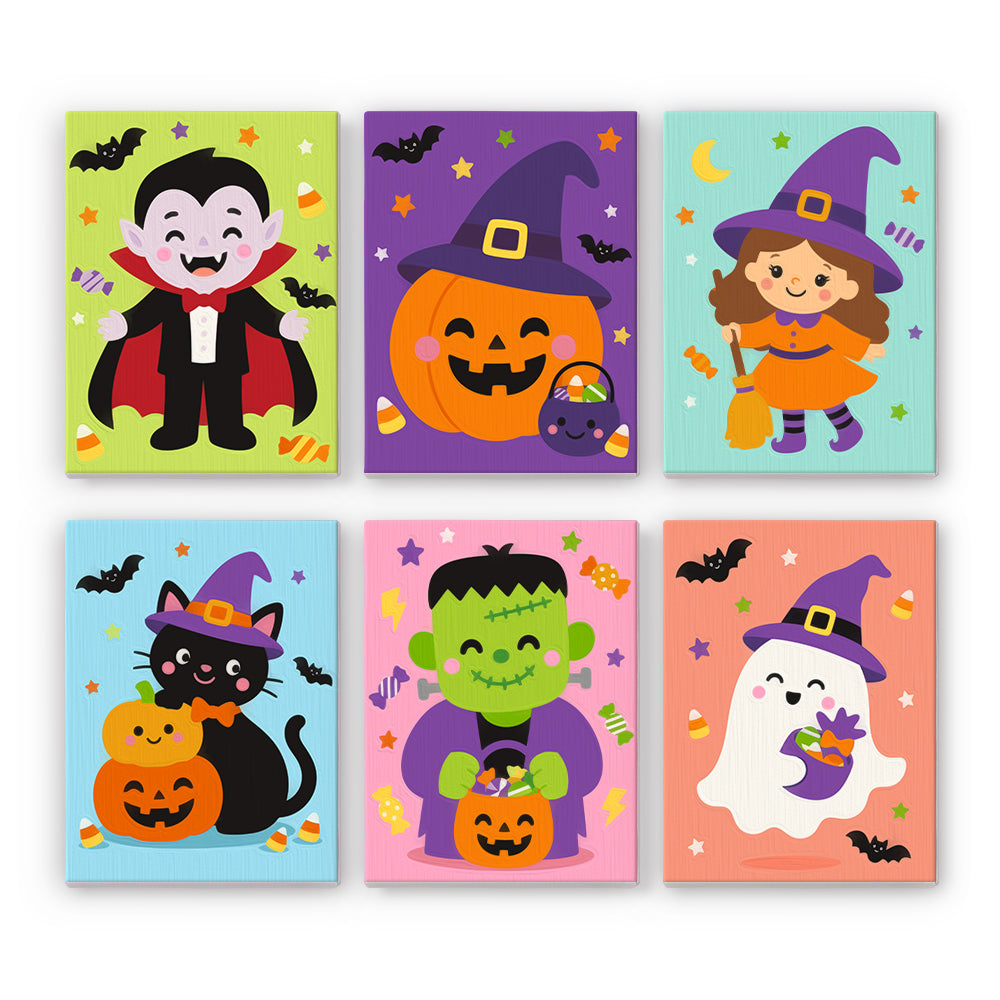 A laughing vampire, a pumpkin in a witch hat, a witch girl, a black cat, and a candy-hugging ghost on bright pastel backgrounds, in a kids halloween paint by numbers mini set.