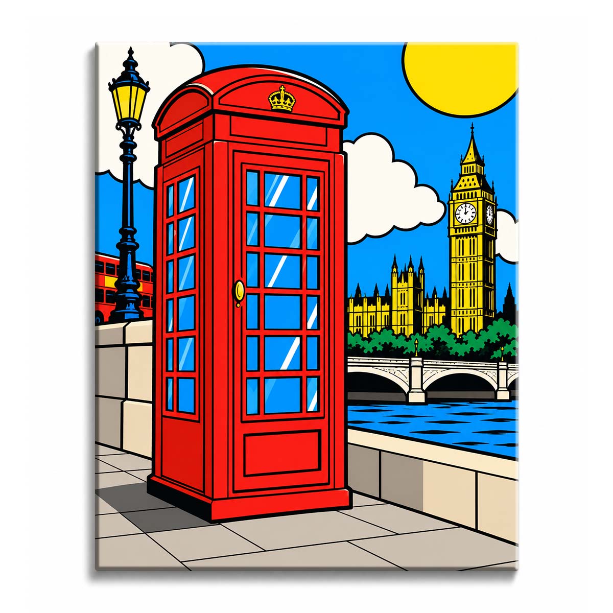 A London phone booth paint by numbers design with a red telephone box in front, Big Ben and Parliament across the Thames, and a yellow sun under a blue sky.