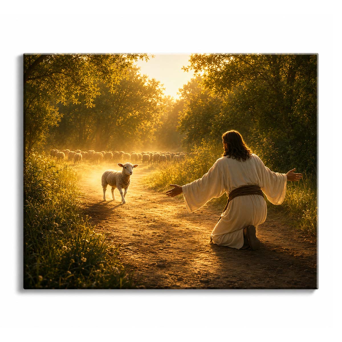 Golden evening light falls on a kneeling shepherd with open arms as a lamb walks back toward him along a dirt track, in a paint by numbers design.