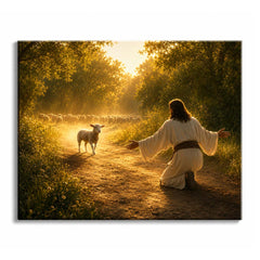 Golden evening light falls on a kneeling shepherd with open arms as a lamb walks back toward him along a dirt track, in a paint by numbers design.