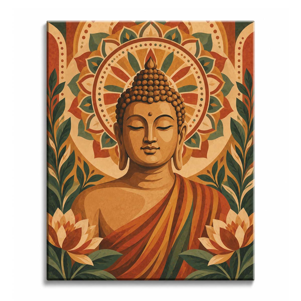 Warm sunburst lines surround a seated Buddha in a paint by numbers design with lotus blossoms, patterned robes, and dark green leaves.