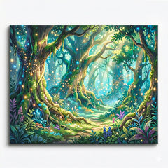 anime style glowing enchanted forest grove with twisted trees floating lights and hidden woodland path fantasy landscape paint by numbers design