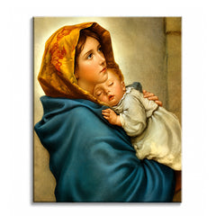 A paint by numbers canvas reproducing Ferruzzi's Madonna of the Streets — a young mother in a golden veil and blue mantle cradling her sleeping child.