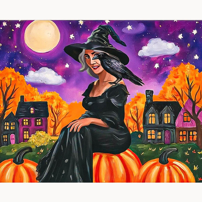Witch & Raven Halloween Paint by Numbers Kit-zoom-