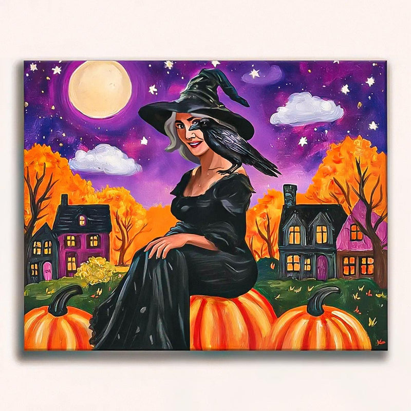 Witch & Raven Halloween Paint by Numbers Kit-zoom-