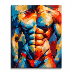 A male torso paint by numbers design focuses on a muscular chest and abdomen built from cobalt, orange, red, cream, and violet strokes against a textured painted background.