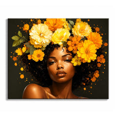 A floral paint by numbers design of a woman with yellow and orange blooms crowning her curly hair against a dark background.