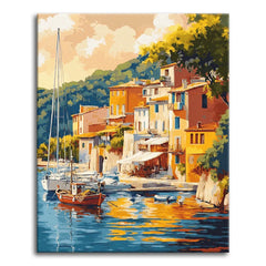 A warm painterly paint by numbers scene of a sunlit Mediterranean harbor with terracotta-roofed buildings, a moored sailboat and red fishing boat, and golden reflections on calm blue water.