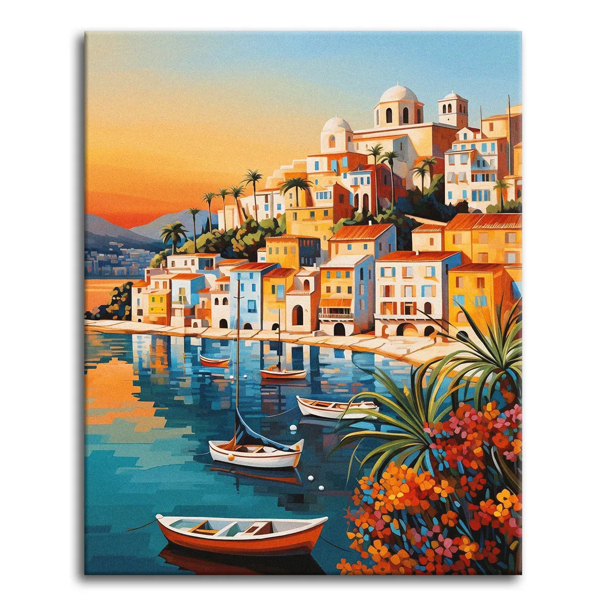 A paint by numbers Mediterranean harbor town at sunset with terracotta houses, moored boats, and turquoise water.