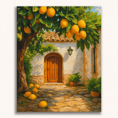 Mediterranean lemon courtyard paint by numbers design with rustic wooden door