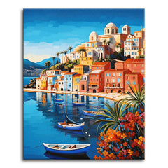 A paint by numbers canvas of a vivid Mediterranean harbor town with stacked coral and gold houses, blue boats on calm water, palms, and bright foreground flowers.