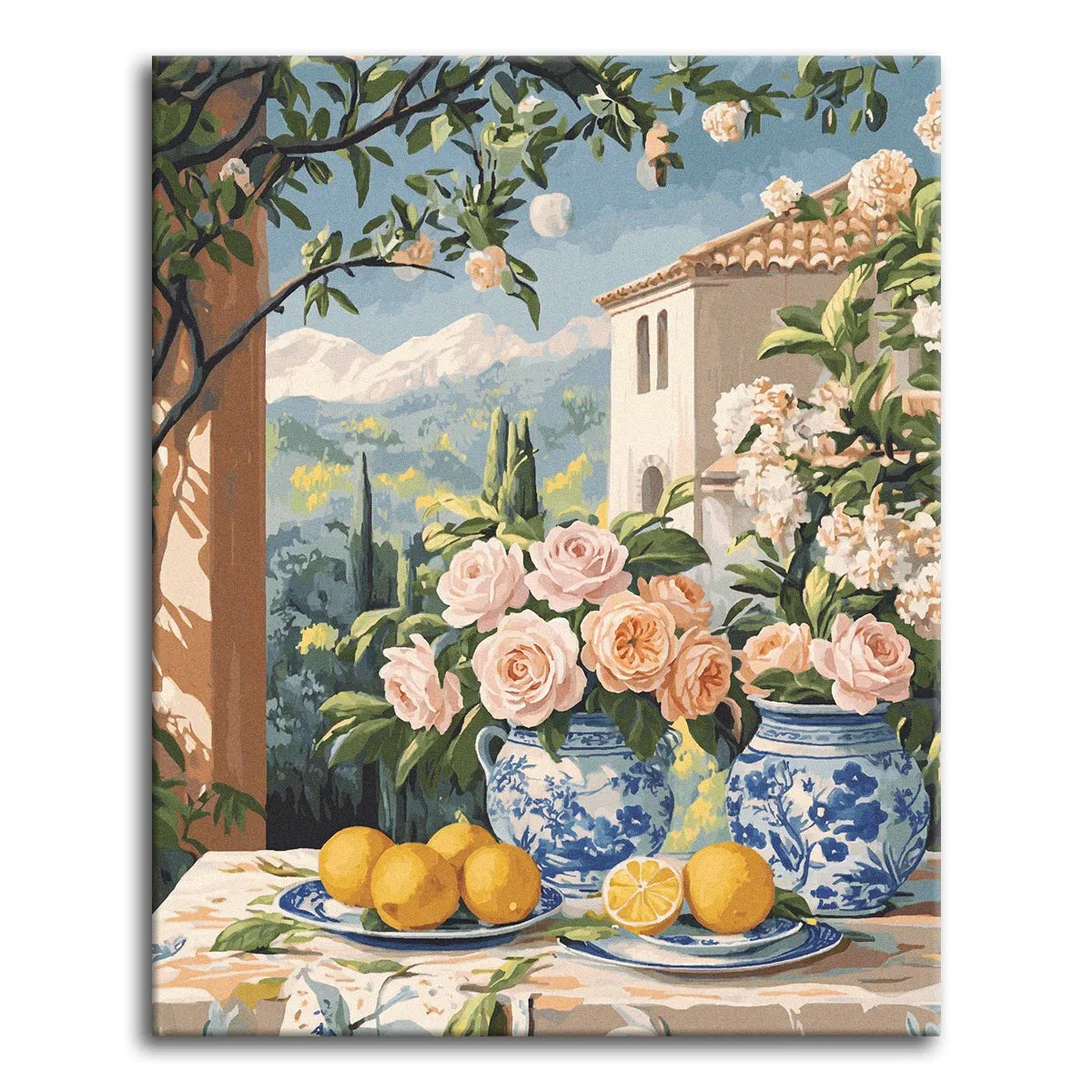A warm vintage paint by numbers still life of pink and peach roses in blue-and-white ceramic jars with plates of lemons, on a terrace overlooking an Italian hillside with a villa, cypress, and distant mountains.