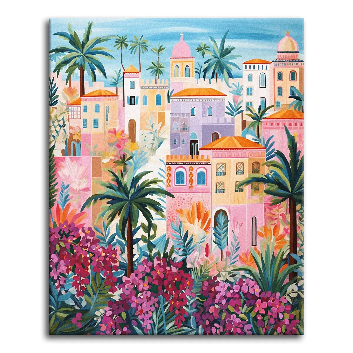 A colorful folk-art town of pastel buildings, palm trees, and pink bougainvillea under a soft blue sky, shown as a paint by numbers canvas.