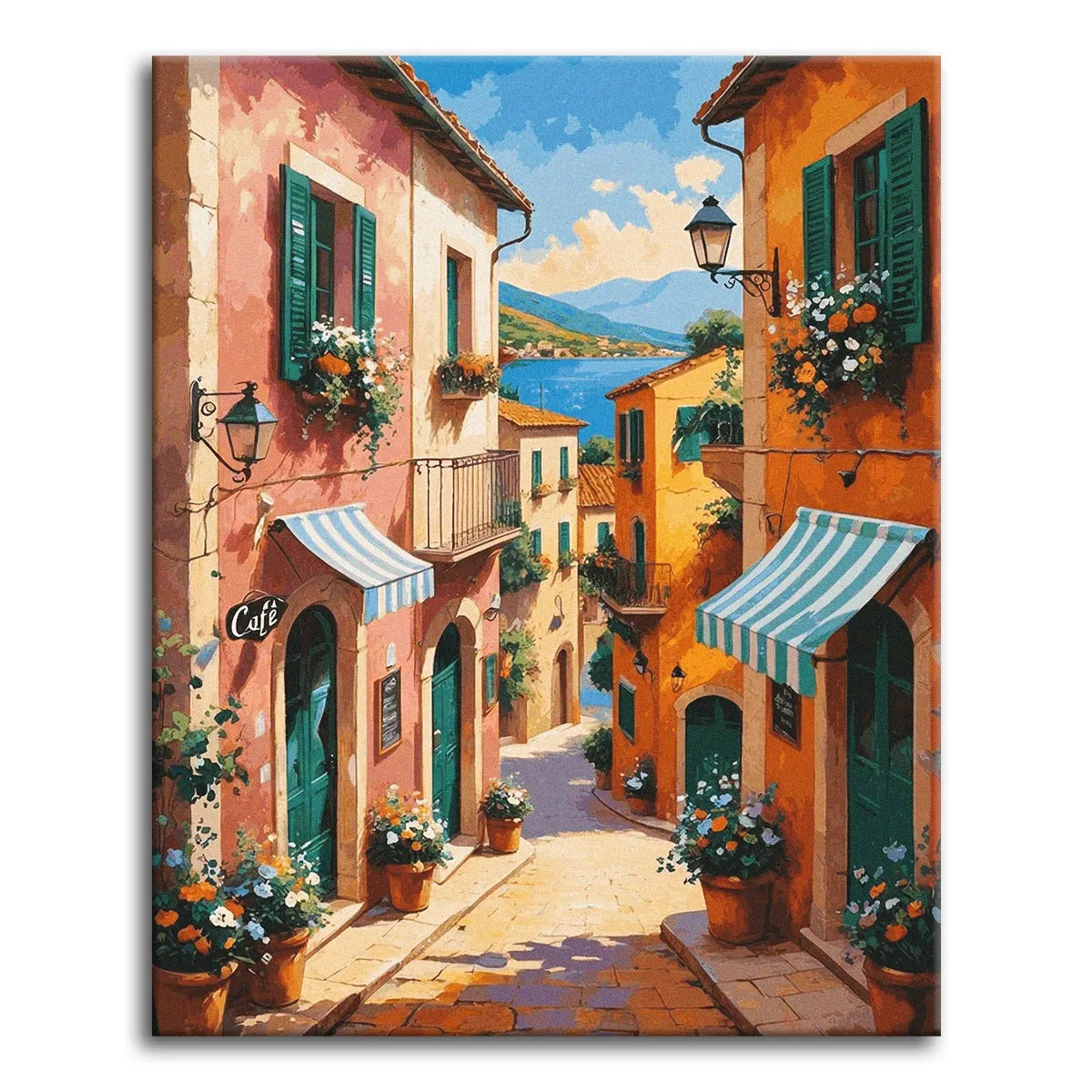 A paint by numbers canvas of a sunlit cobblestone alley between coral Mediterranean houses, with striped café awnings, flower pots, green shutters, and a sea view.